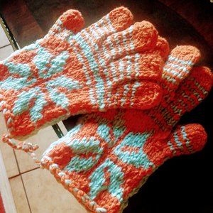 Orange/Blue Crochet Gloves